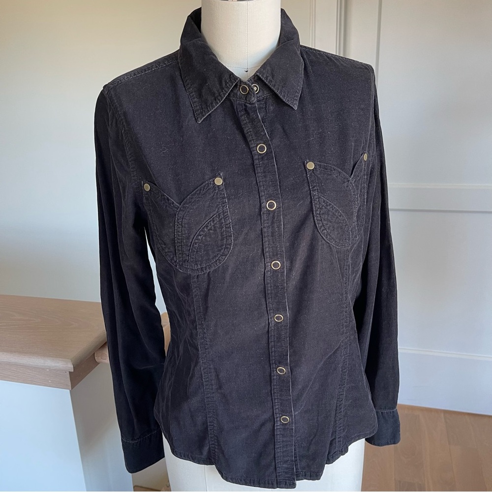 Gloria Vanderbilt Black Fine Rib Corduroy Cotton Snap Front Shirt, Women’s S